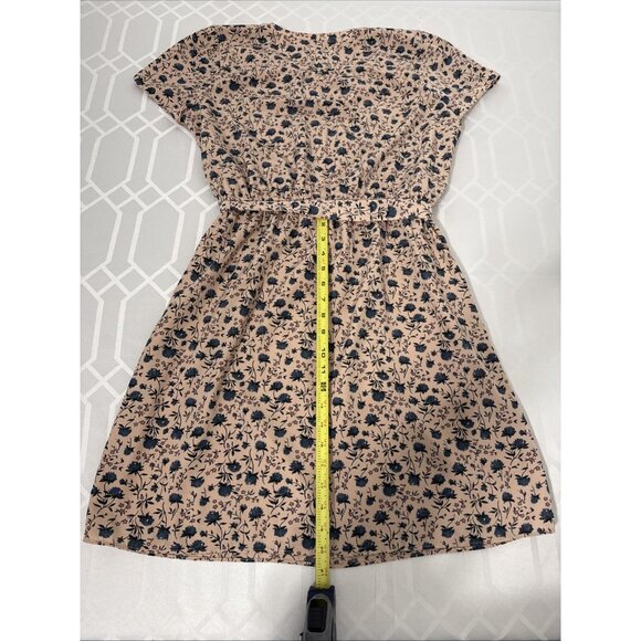 LOFT Maxi Women's Size LG Tan Blue Floral V Neck Spring With tie Belt & pockets - Picture 6 of 16